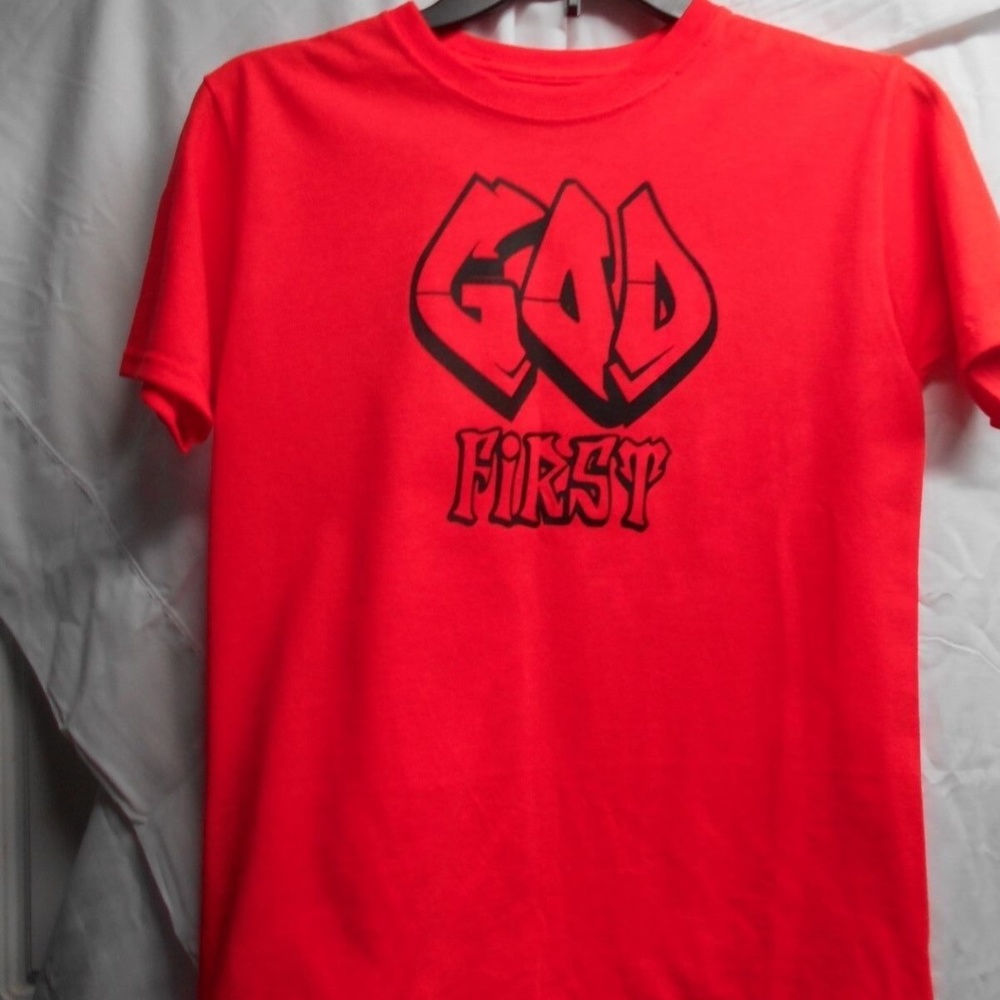 New God First Mens Sz S Cotton Tee Tshirt T Shirt Red - Picture 3 of 3